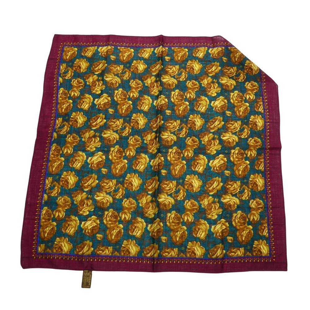 Floral Rose Scarf Womens One Size Burgundy Green Wool Hand‎ Printed Made Japan